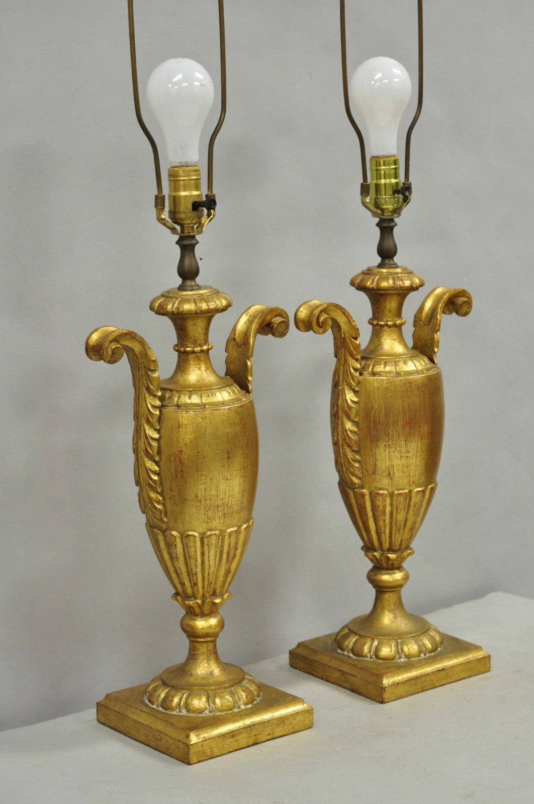 Vintage Italian Hollywood Regency Gold Giltwood Urn Form Table Lamps - a Pair