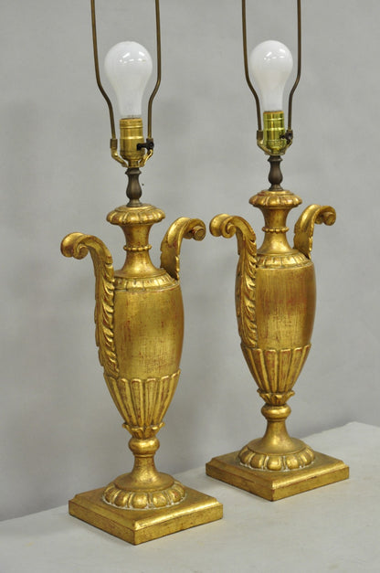 Vintage Italian Hollywood Regency Gold Giltwood Urn Form Table Lamps - a Pair