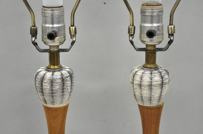 Vintage Mid Century Modern Walnut & Ceramic Small Sculptural Table Lamps - Pair