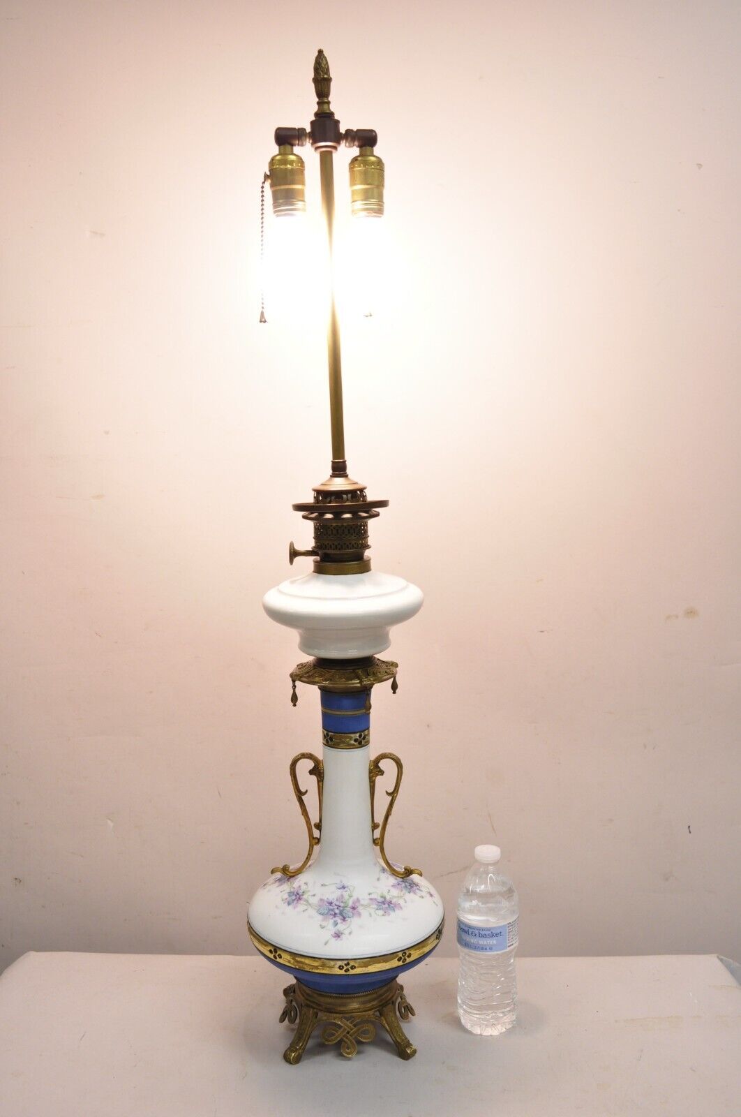 Antique French Victorian Porcelain German Oil Lamp Convert Table Lamp - a Pair