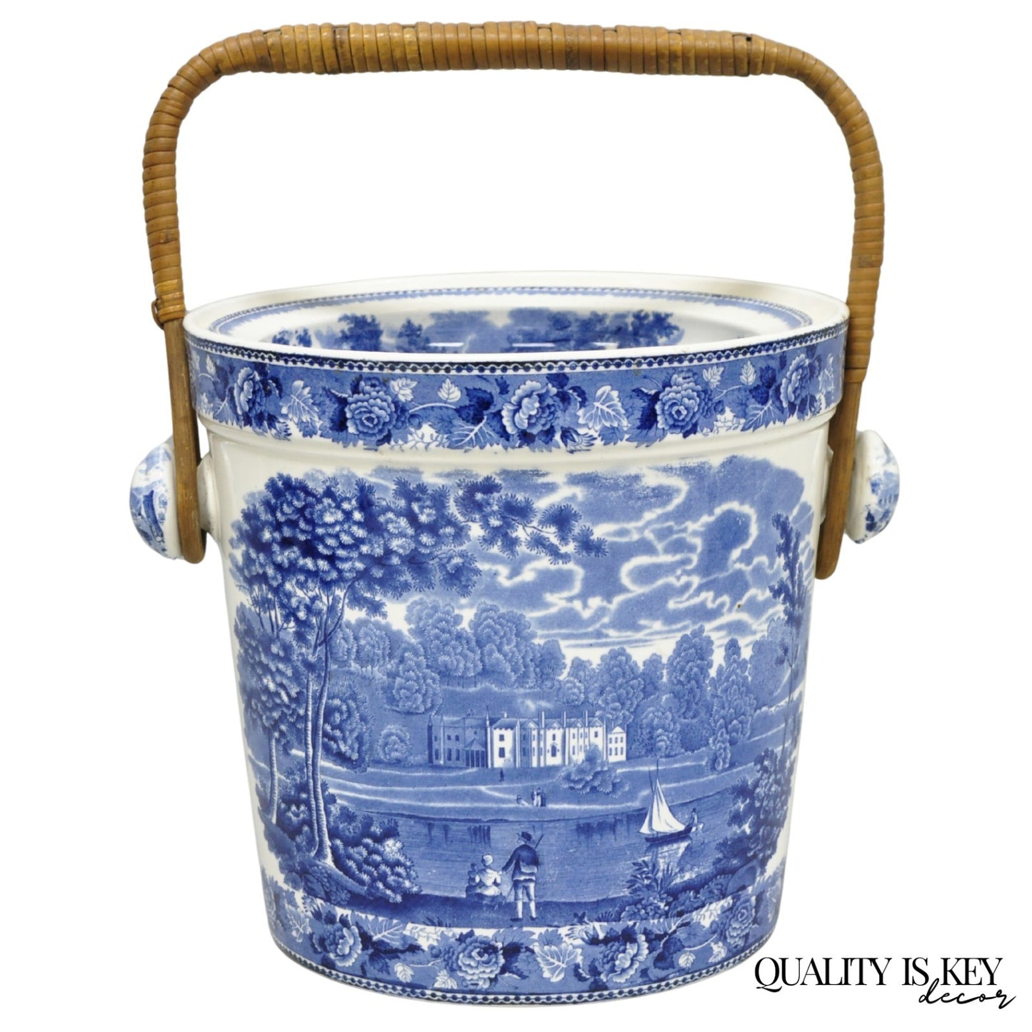 Wedgwood Landscape Etruria Pattern Blue White Porcelain Covered Slop Pot Commode