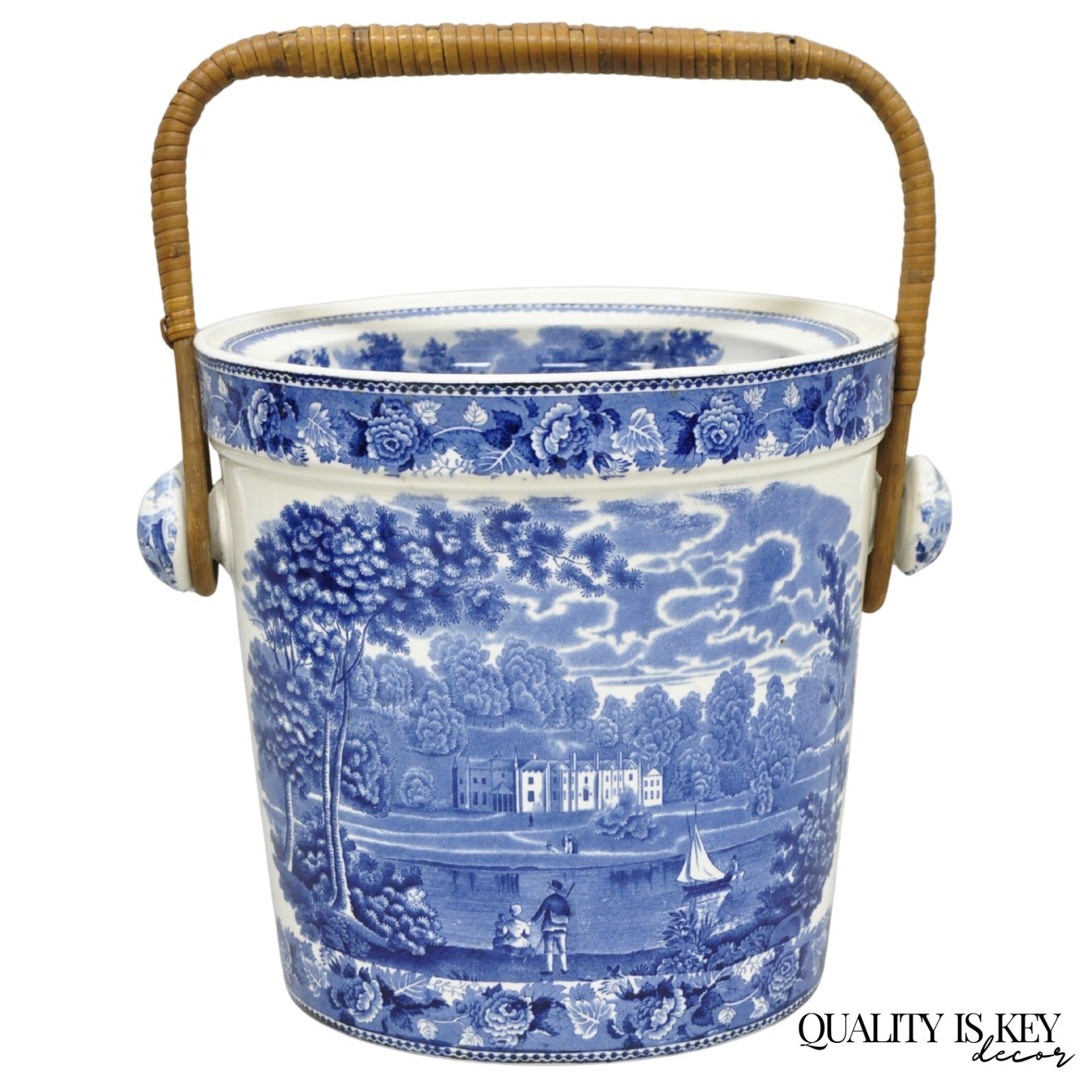 Wedgwood Landscape Etruria Pattern Blue White Porcelain Covered Slop Pot Commode