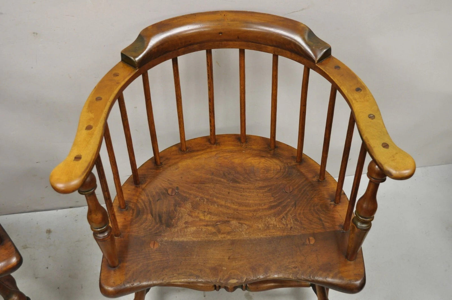 Antique English Windsor Colonial Pine Wood Spindle Pub Club Arm Chairs - a Pair