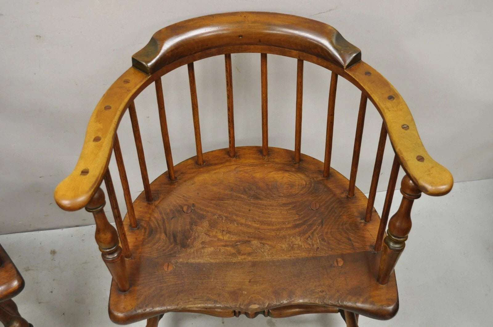 Antique English Windsor Colonial Pine Wood Spindle Pub Club Arm Chairs - a Pair