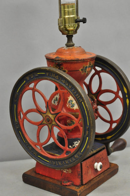 Antique Victorian Enterprise Phila. Red Cast Iron Coffee Mill Grinder Table Lamp