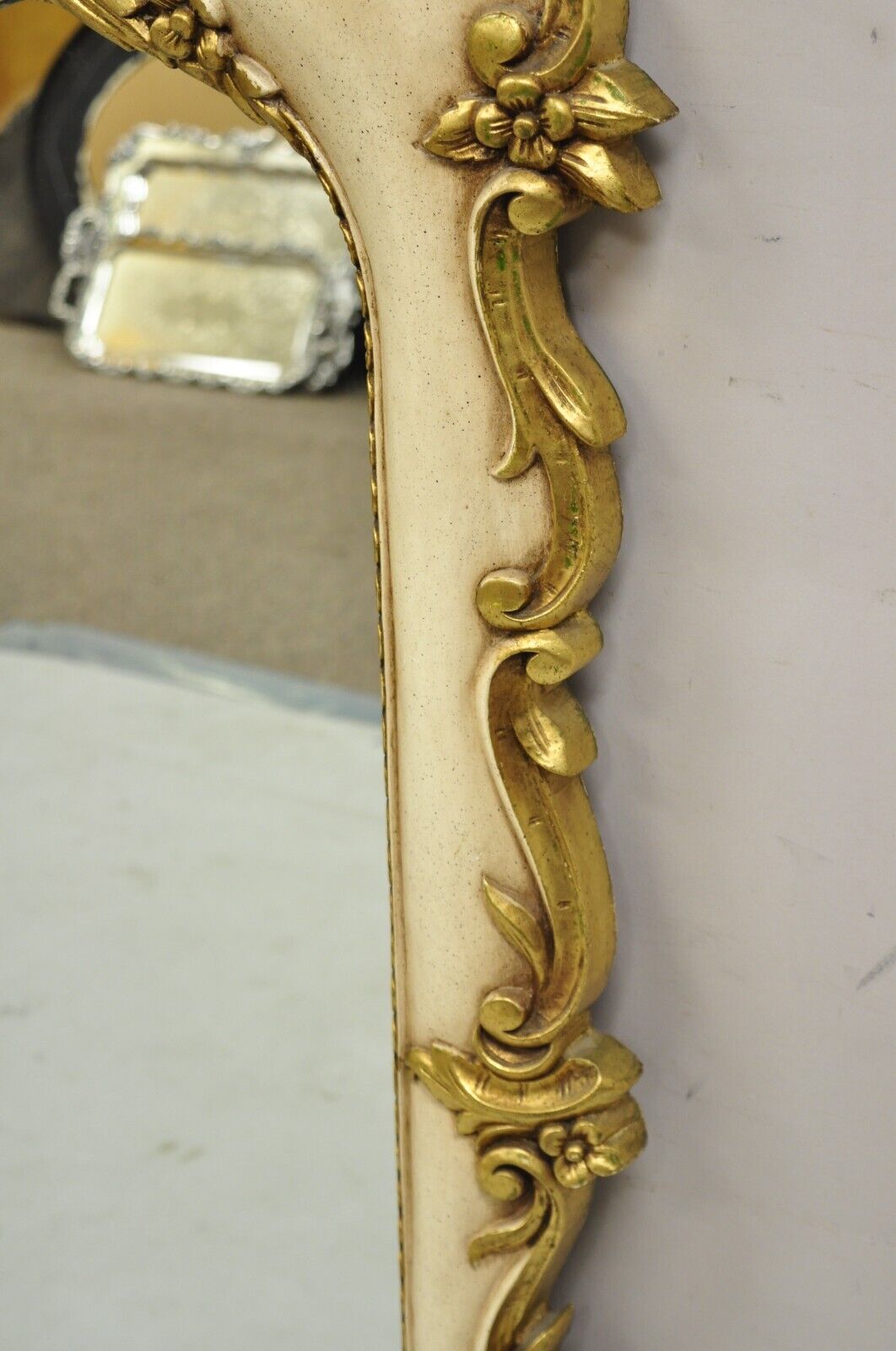 Vintage Italian Venetian Cream and Gold Painted Floral Rococo Wall Mirror