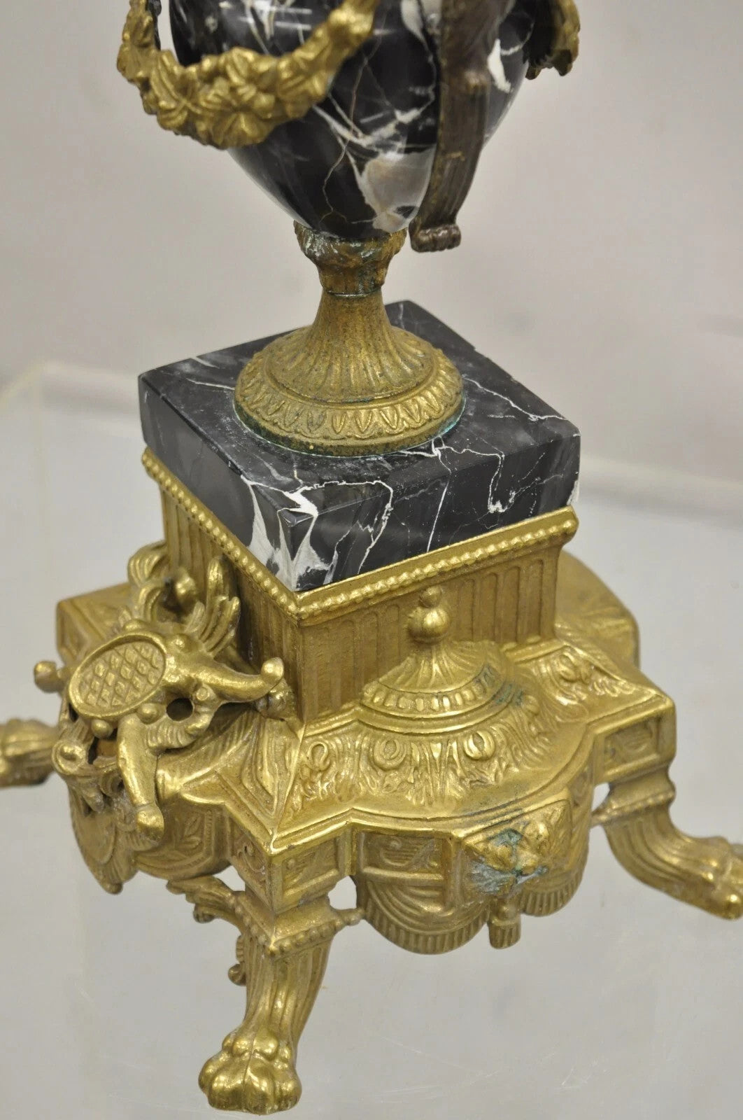 Vintage French Louis XV Style Brevettato Italy Brass & Marble Figural Clock Set