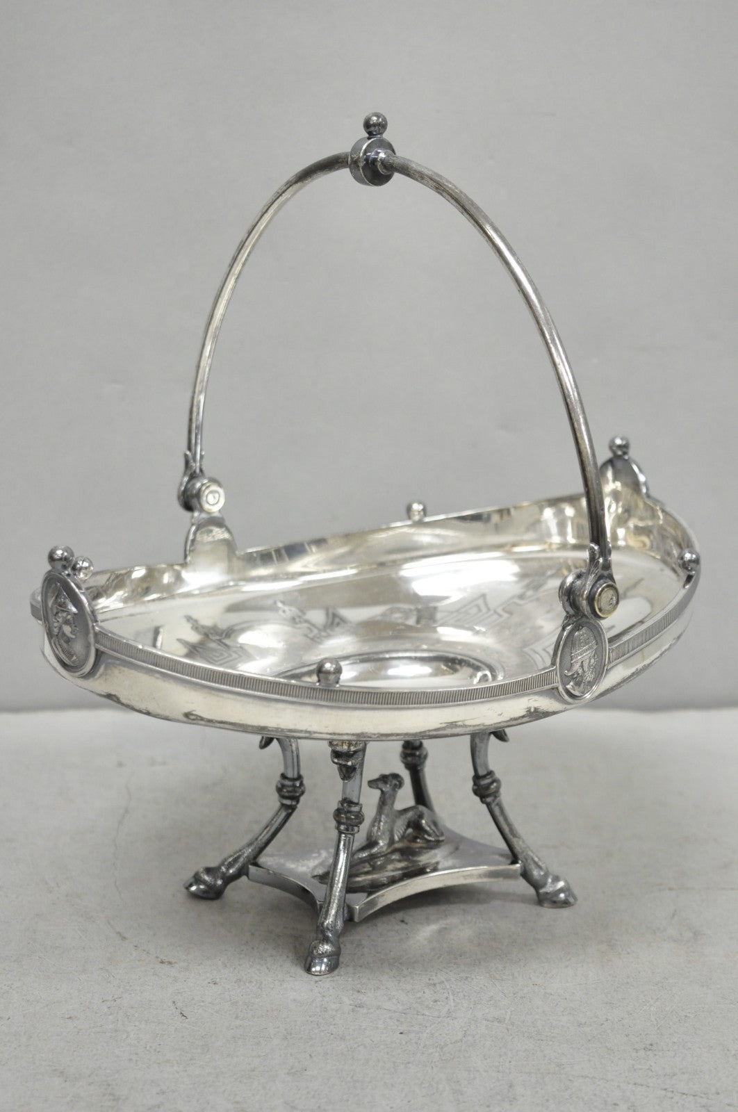 Antique Reed & Barton English Regency Figural Bread Basket w Whippet Dog Base