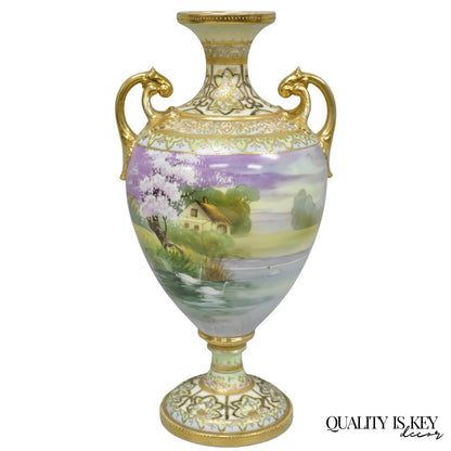 Antique Nippon Hand Painted Cottage Lake Porcelain Twin Handle Bolted Urn Vase