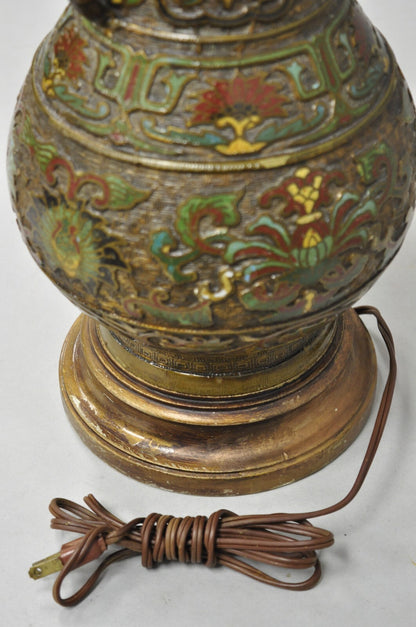Vintage Chinese Porcelain Enamel Bronze Lacquered Cloisonne Champleve Table Lamp