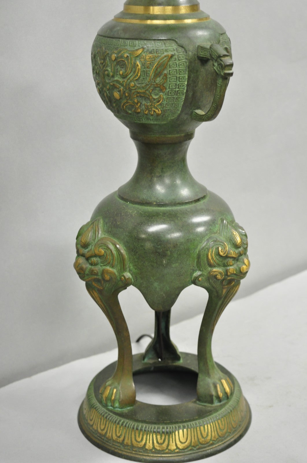 Chinoiserie James Mont Style Green Bronze Chinese Foo Dog Table Lamps - a Pair