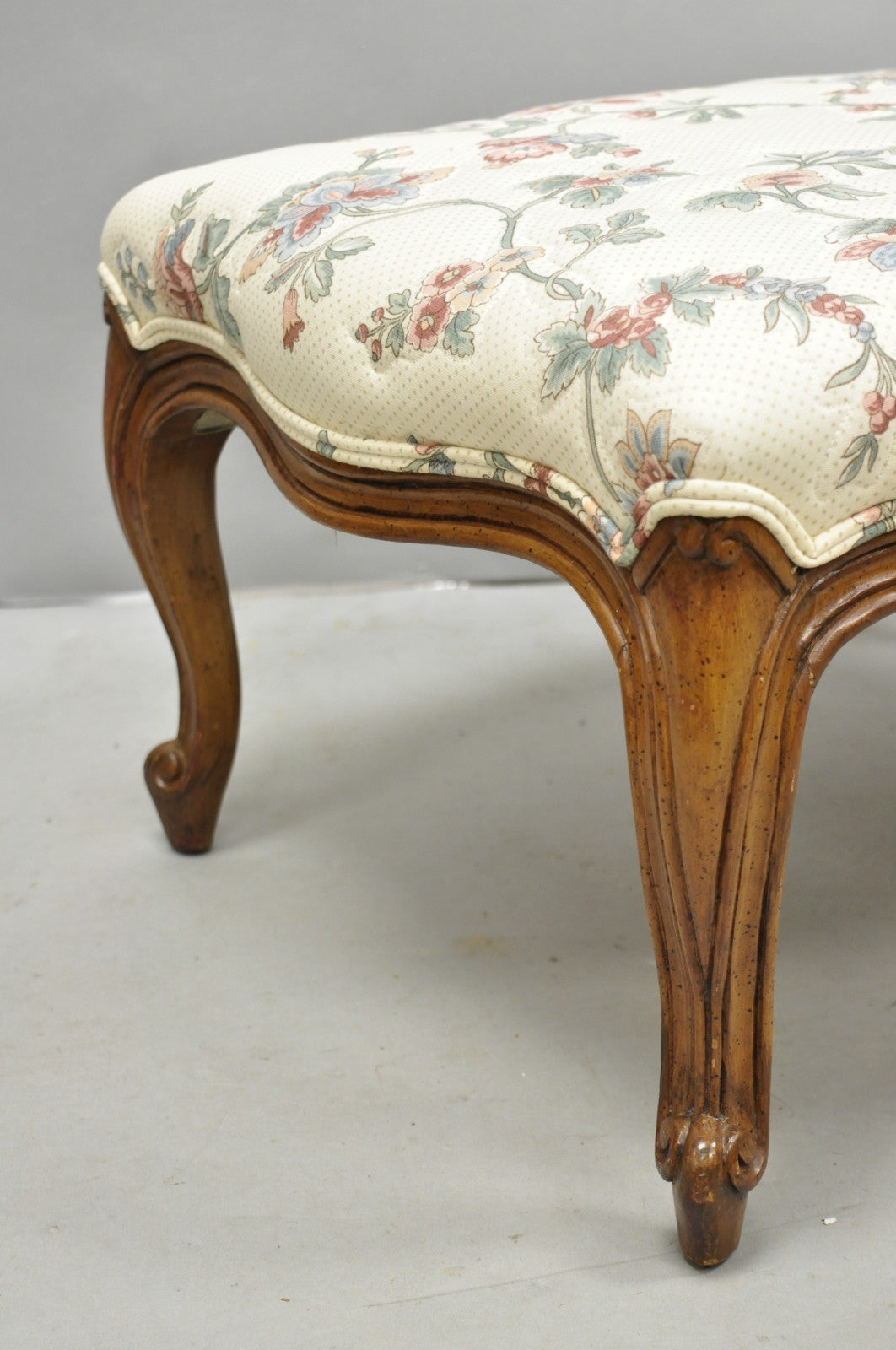 Vintage French Country Louis XV Carved Walnut Pink Floral Footstool Ottoman