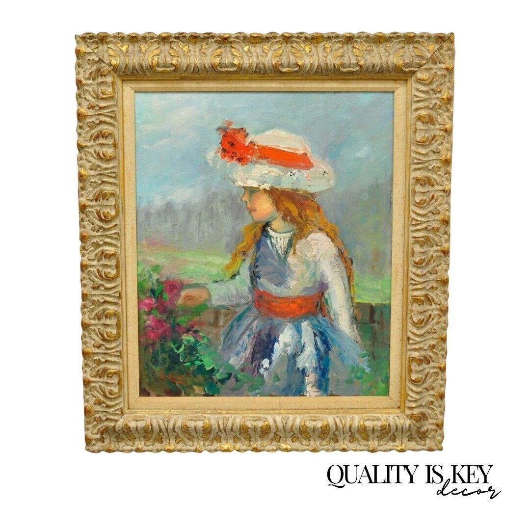 Zaza Meuli (1892) Oil on Canvas Framed Impressionist Girl in Hat with Orange Bow