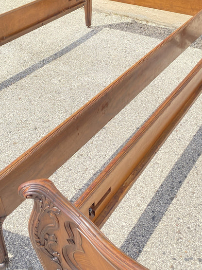 Antique French Louis XV Style Walnut Satinwood Inlay Twin Bed Frames - a Pair