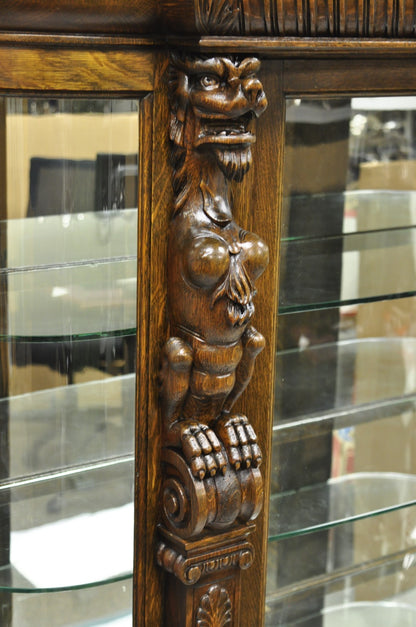 Antique American Empire Tiger Oak Curved Glass China Cabinet w/ Carved Griffins