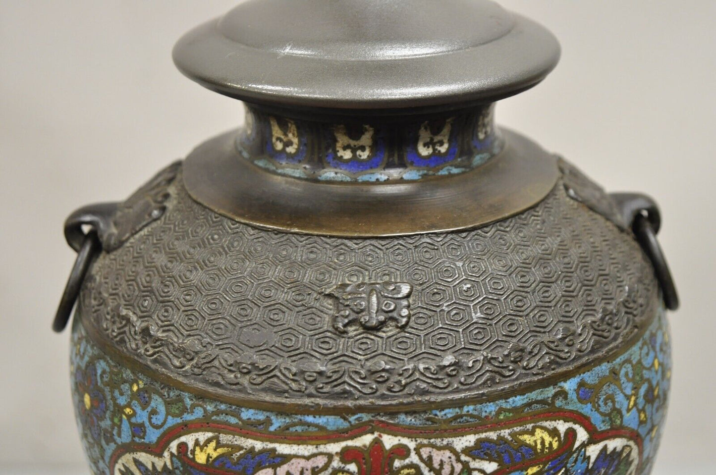Antique Chinese Cloisonne Blue Porcelain Enamel  Bronze Figural Table Lamp