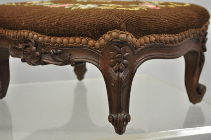 French Country Louis XV Carved Walnut Needlepoint Petite Footstool Ottoman