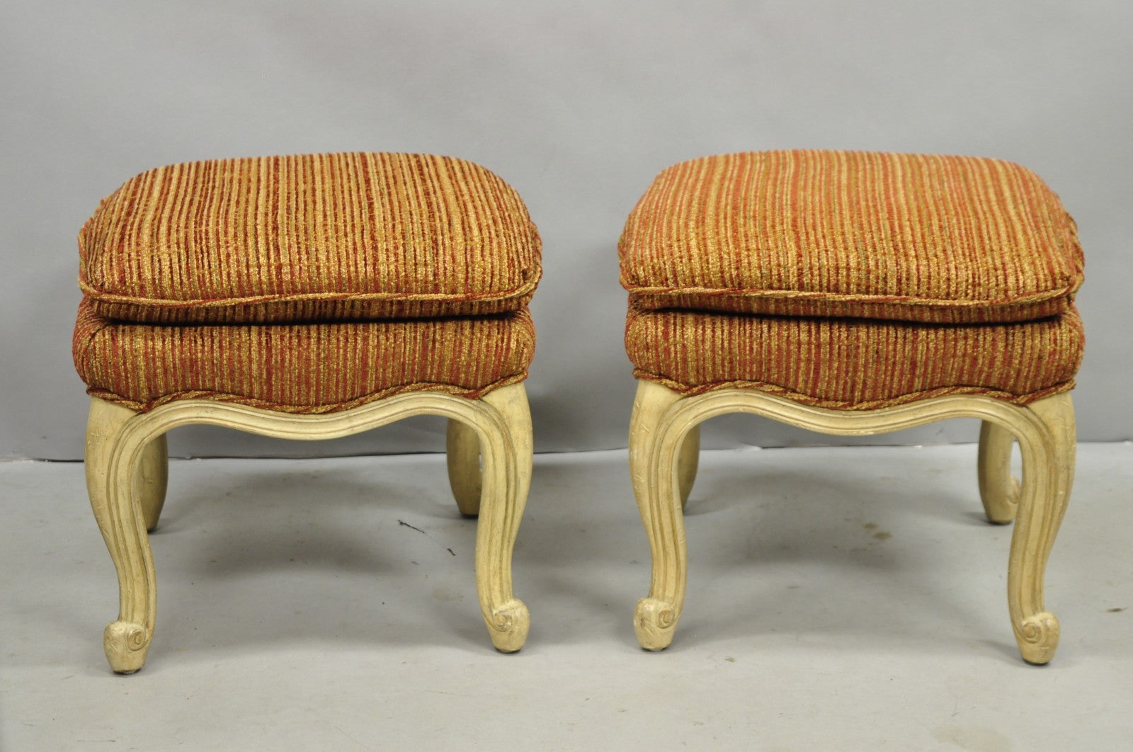 French Country Provincial Cabriole Leg Orange Square Footstool Ottoman Pair