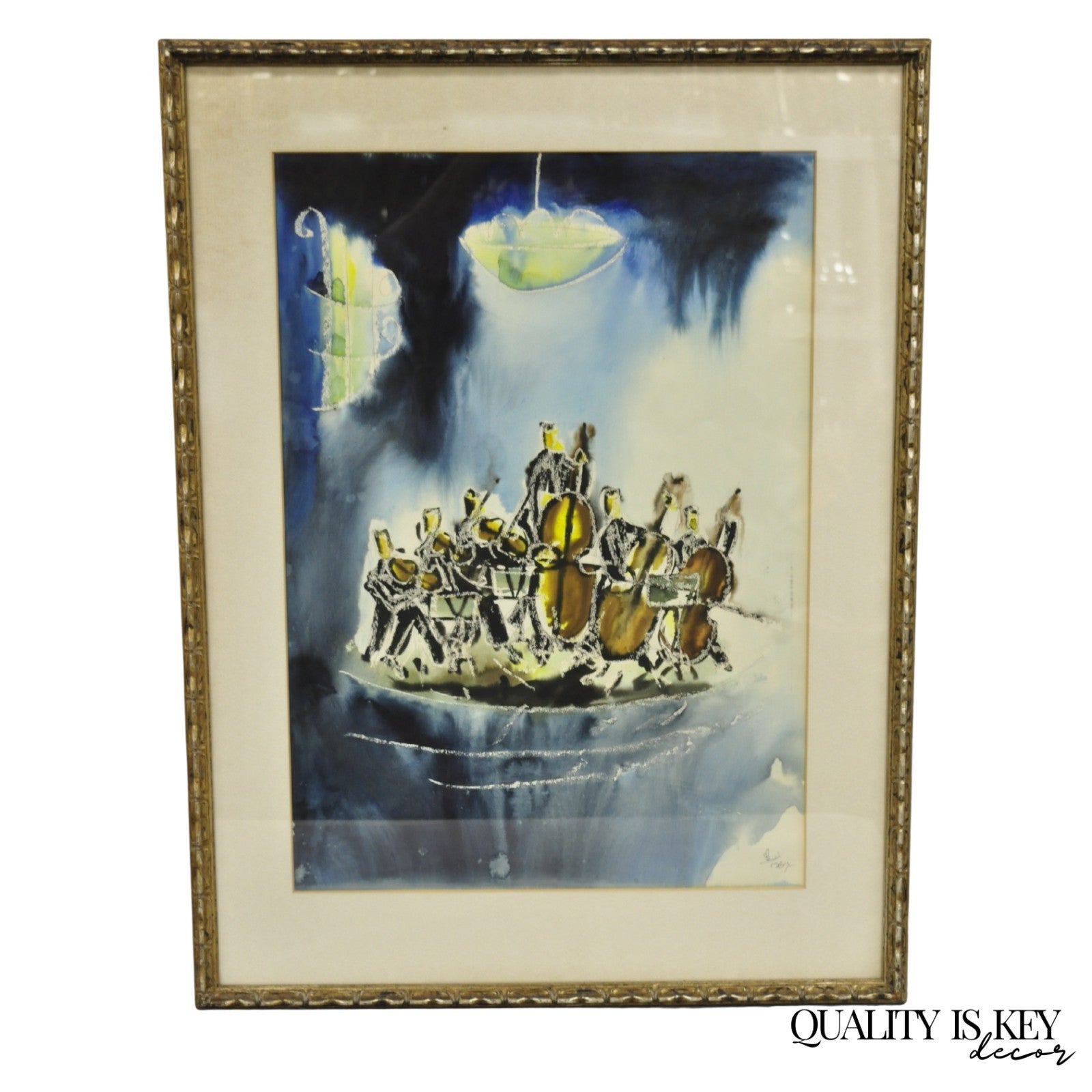 Itzhak Nesher (Austrian Israeli b 1929) "String Group" Judaica Watercolor Signed