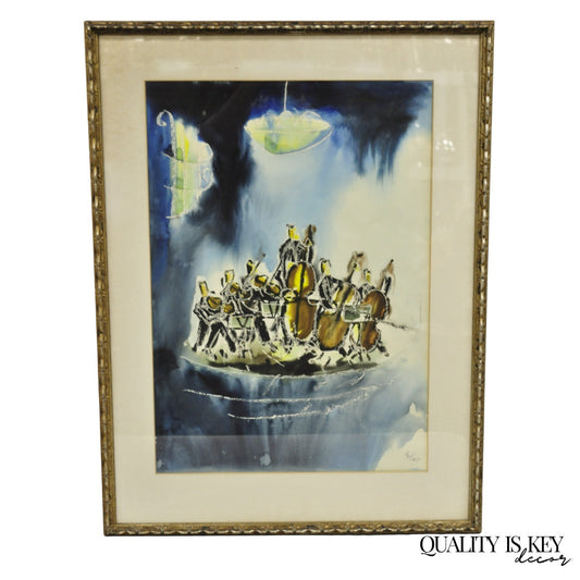 Itzhak Nesher (Austrian Israeli b 1929) "String Group" Judaica Watercolor Signed