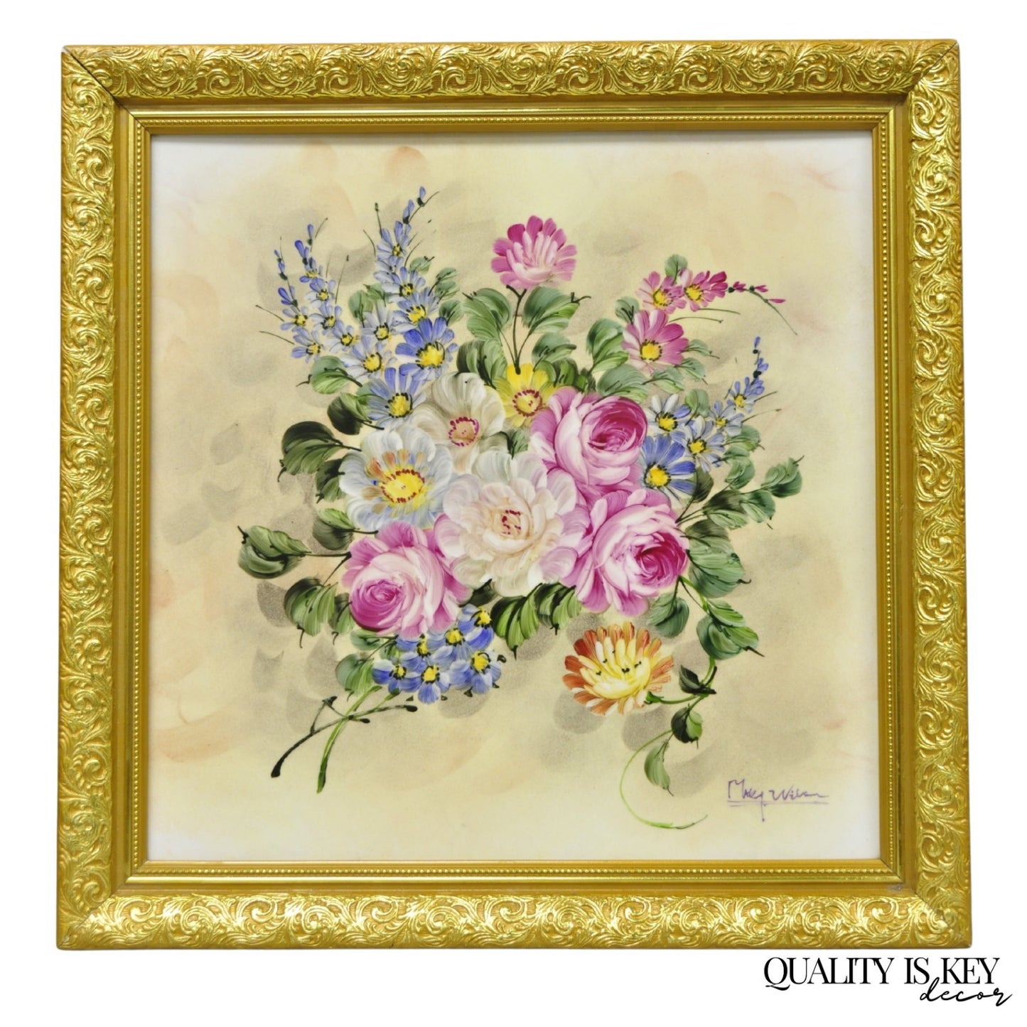 Mary Wilson French Hand Painted Porcelain Plaque Pink Rose Flower Painting (B)