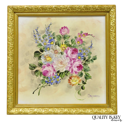 Mary Wilson French Hand Painted Porcelain Plaque Pink Rose Flower Painting (B)