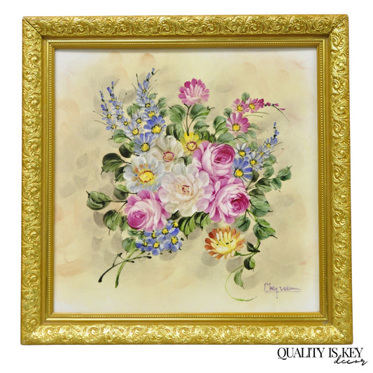 Mary Wilson French Hand Painted Porcelain Plaque Pink Rose Flower Painting (B)