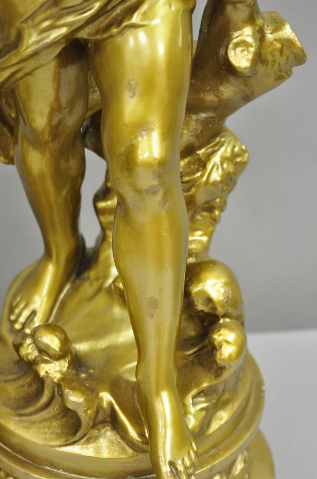 Antique L&F Moreau French Renaissance Gold Paint Metal Figural Table Lamps Pair
