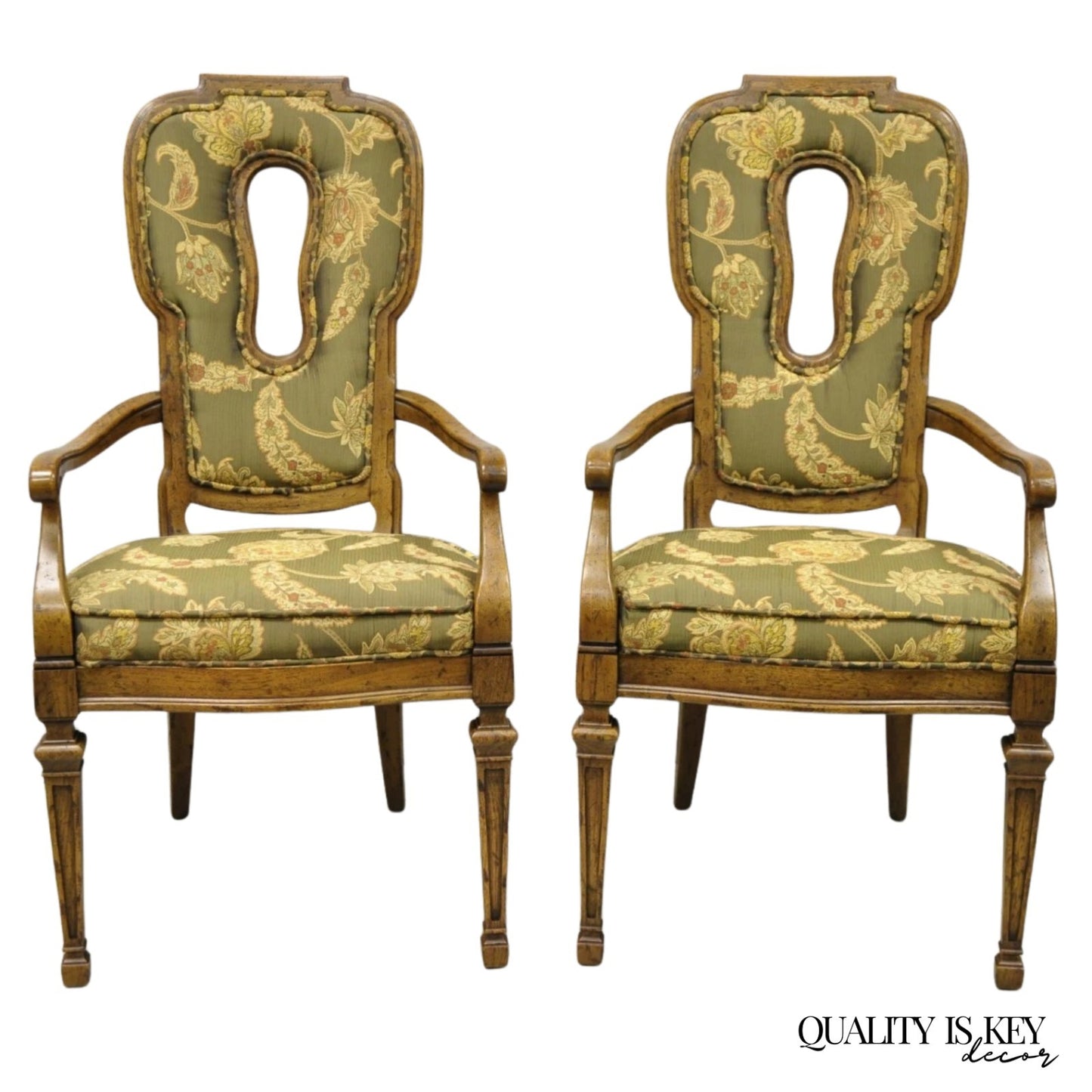 Vintage Hollywood Regency Keyhole Back Fireside Lounge Arm Chairs - a Pair