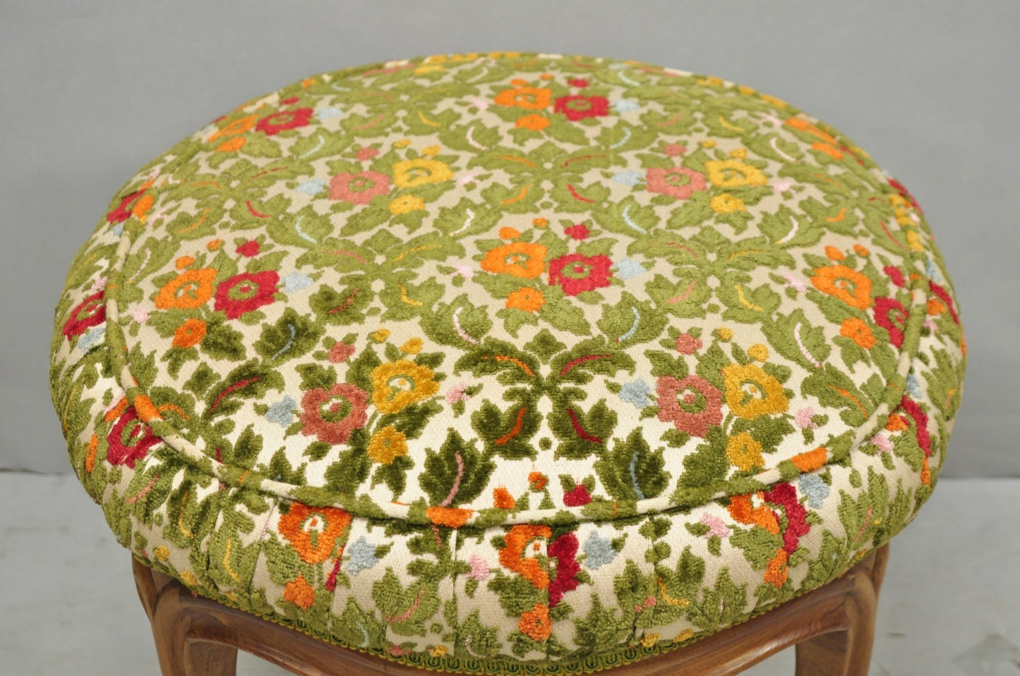 Vintage French Country Provincial Style Walnut Round Seat Vanity Bench Stool
