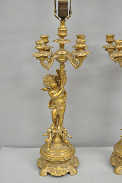 Vintage French Renaissance Louis XV Gold Cherub Candelabra Table Lamps - a Pair
