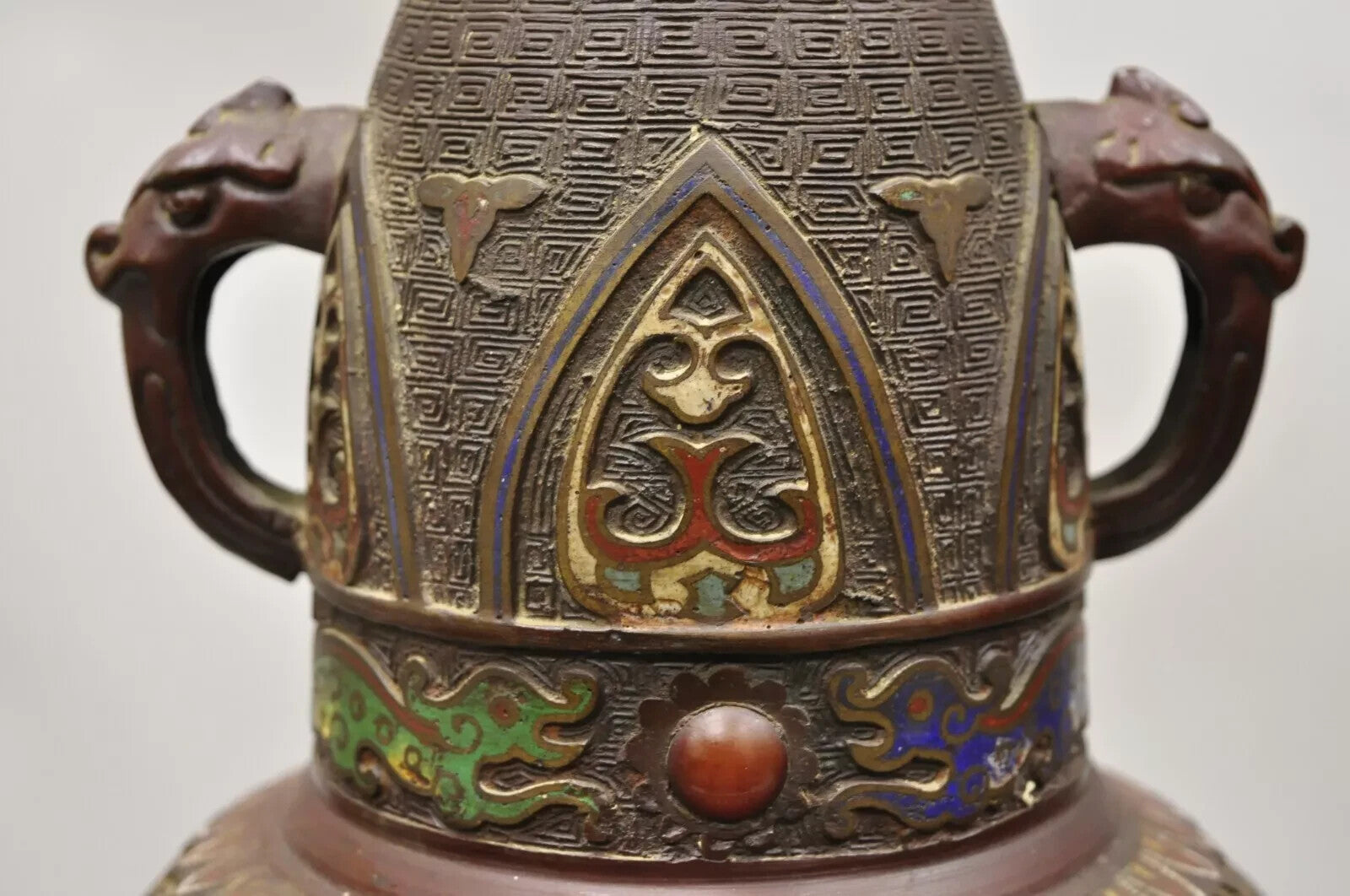Antique Japanese Champleve Cloisonne Enamel Bronze Twin Handle 12" Vessel Vase
