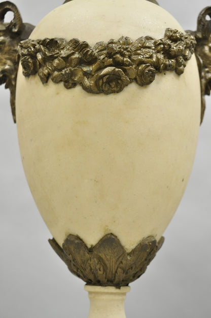 Vintage French Neoclassical Marble & Bronze Rams Head Urn Cassolettes - a Pair