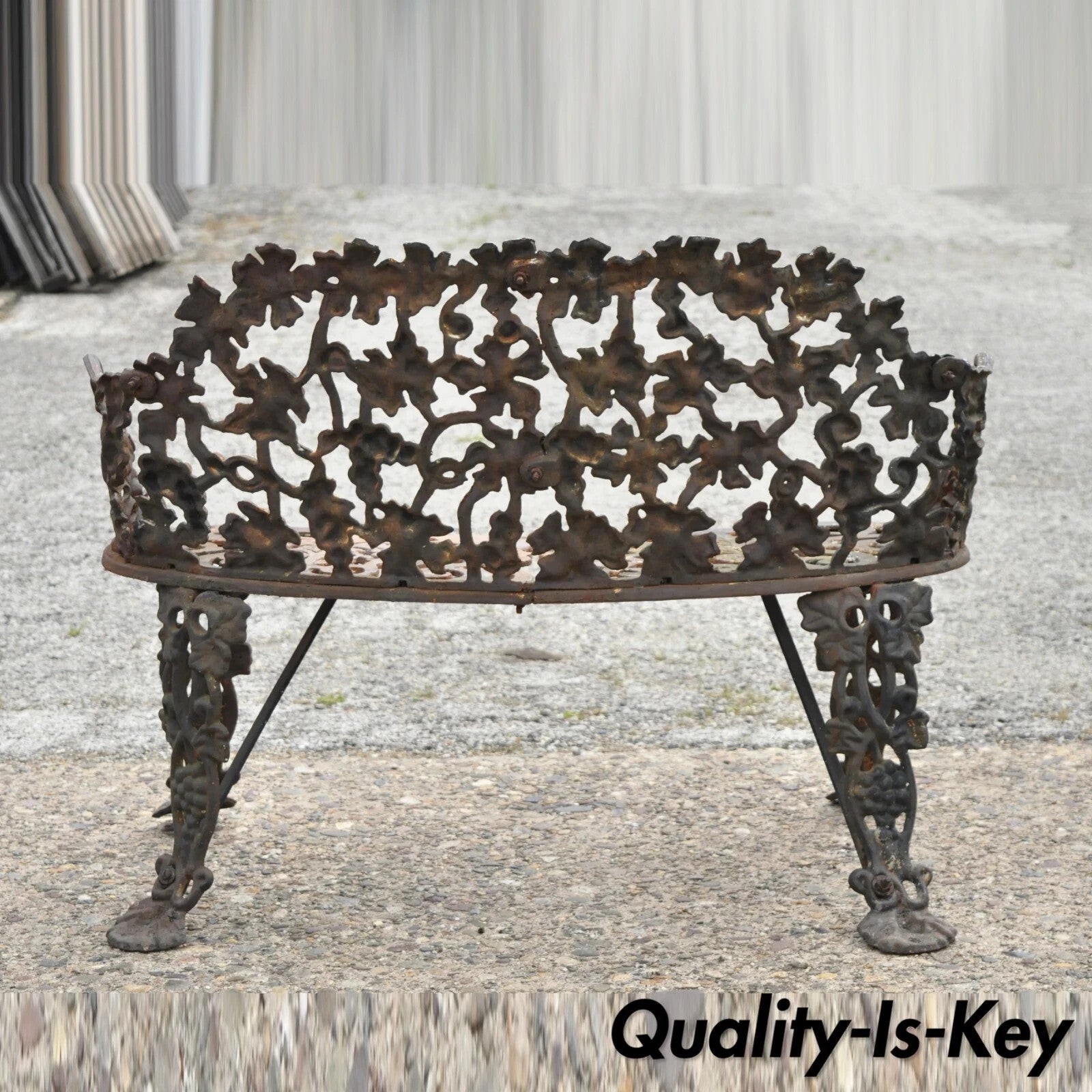 Antique French Victorian Cast Iron Grapevine Leaf Small Garden Bench Loveseat
