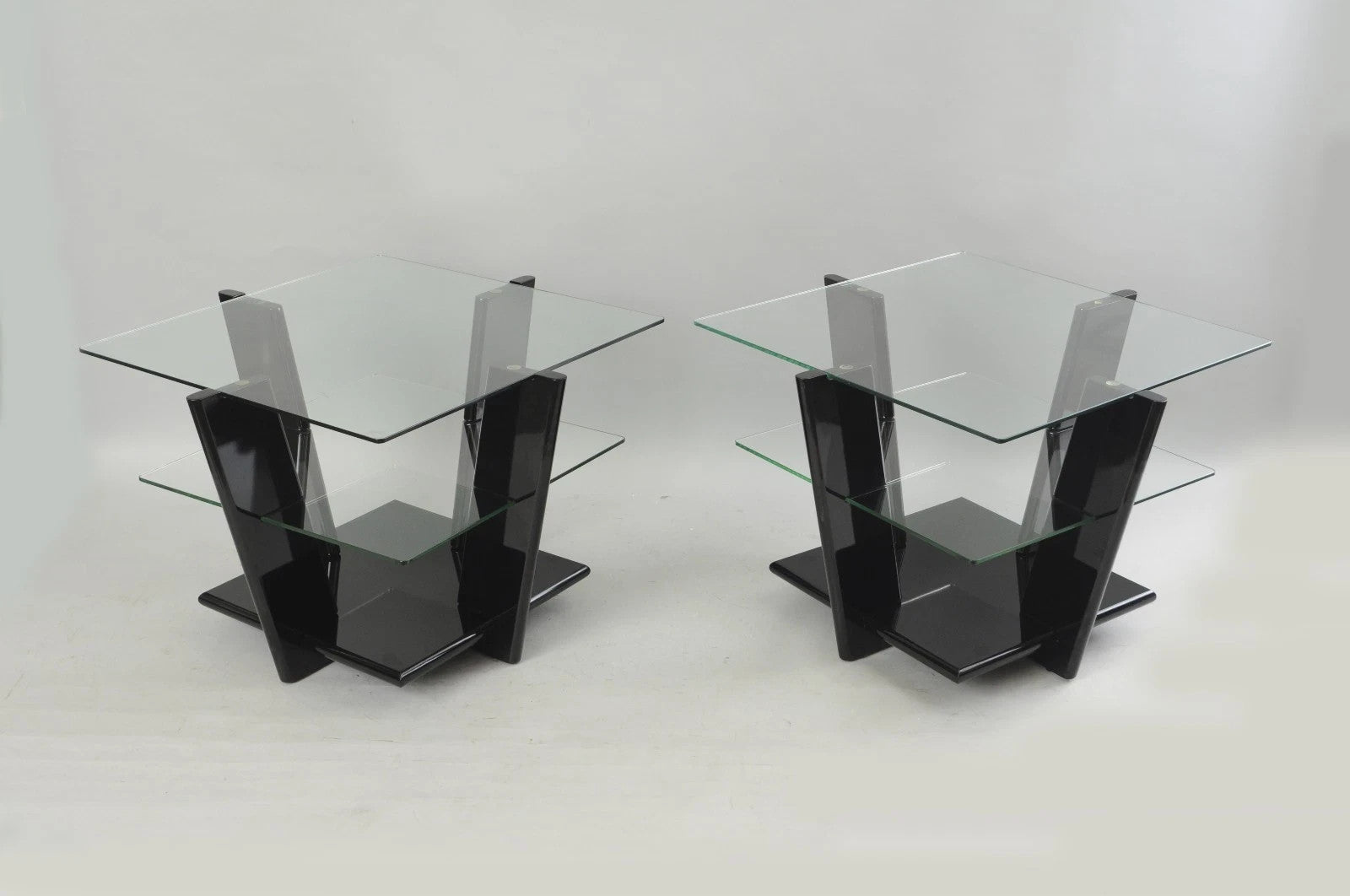 Contemporary Modern Black Lacquer & Glass 3 Tier Space Age End Tables - a Pair