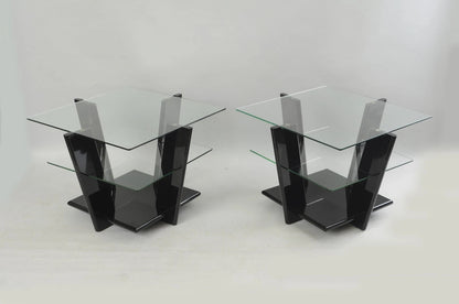 Contemporary Modern Black Lacquer & Glass 3 Tier Space Age End Tables - a Pair