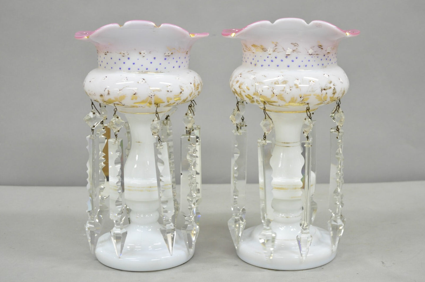 Antique Czech Victorian Bohemian Pink White Mantel Lusters Lustres - a Pair