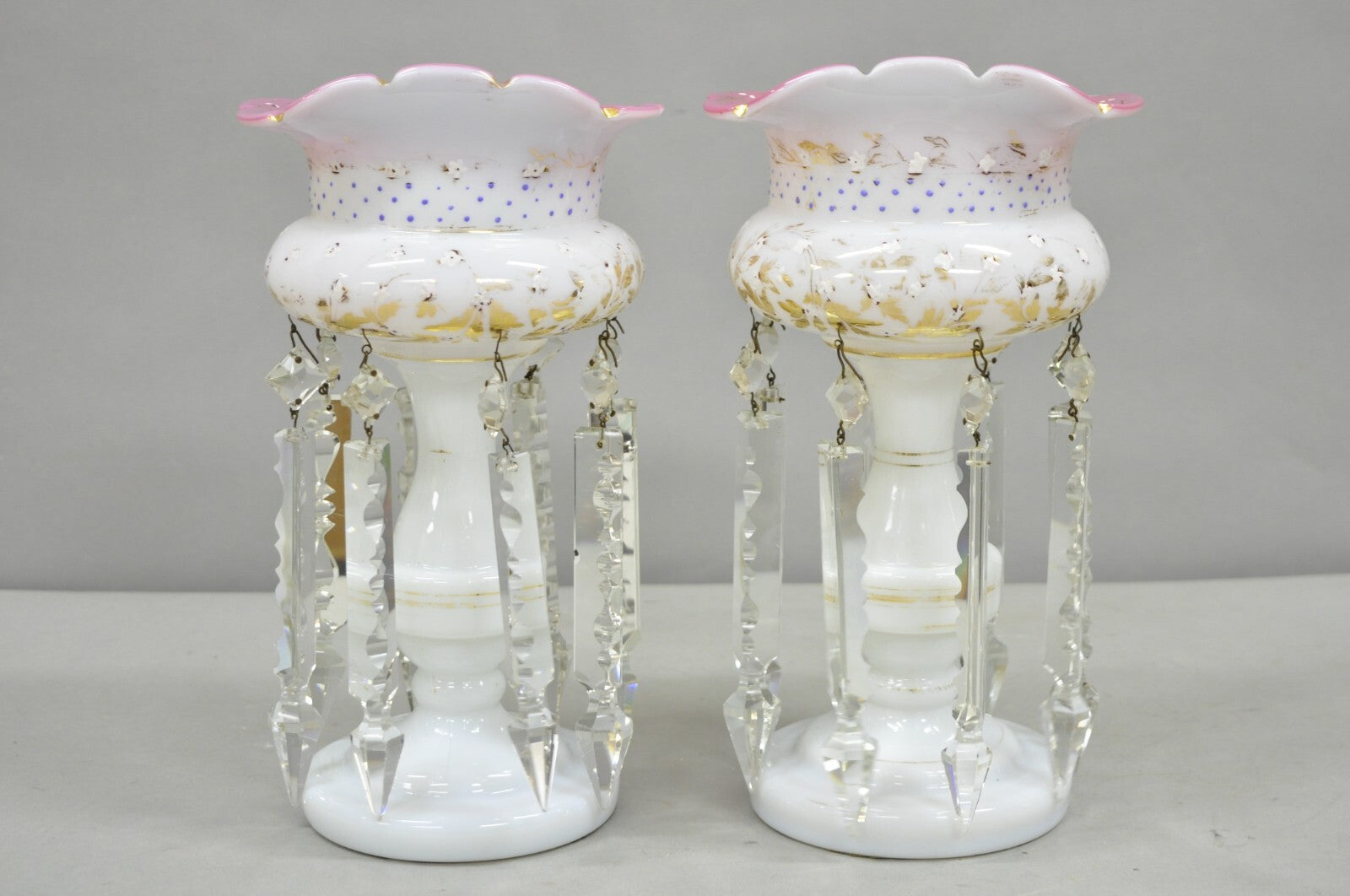 Antique Czech Victorian Bohemian Pink White Mantel Lusters Lustres - a Pair