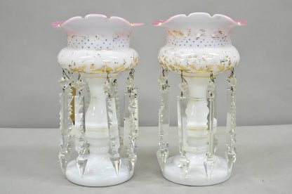 Antique Czech Victorian Bohemian Pink White Mantel Lusters Lustres - a Pair