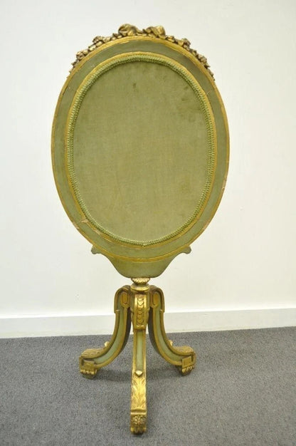 Antique French Louis XVI XV Carved Giltwood Green & Gold Oval Fireplace Screen