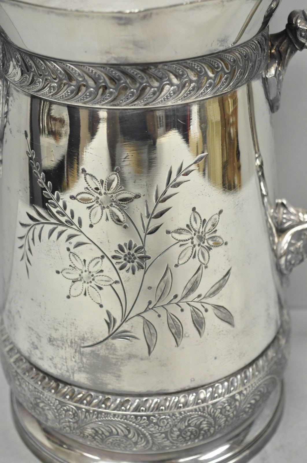 Antique Meriden Victorian Lrg Silver Plated Floral Etched Pitcher, Engraved 1892