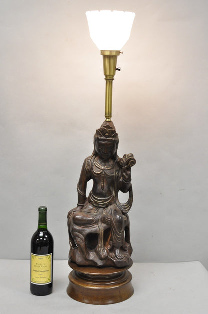 Vintage Buddhist Kuan Yin Brown Ceramic Sculpture Figure Table Lamp w/ Shade