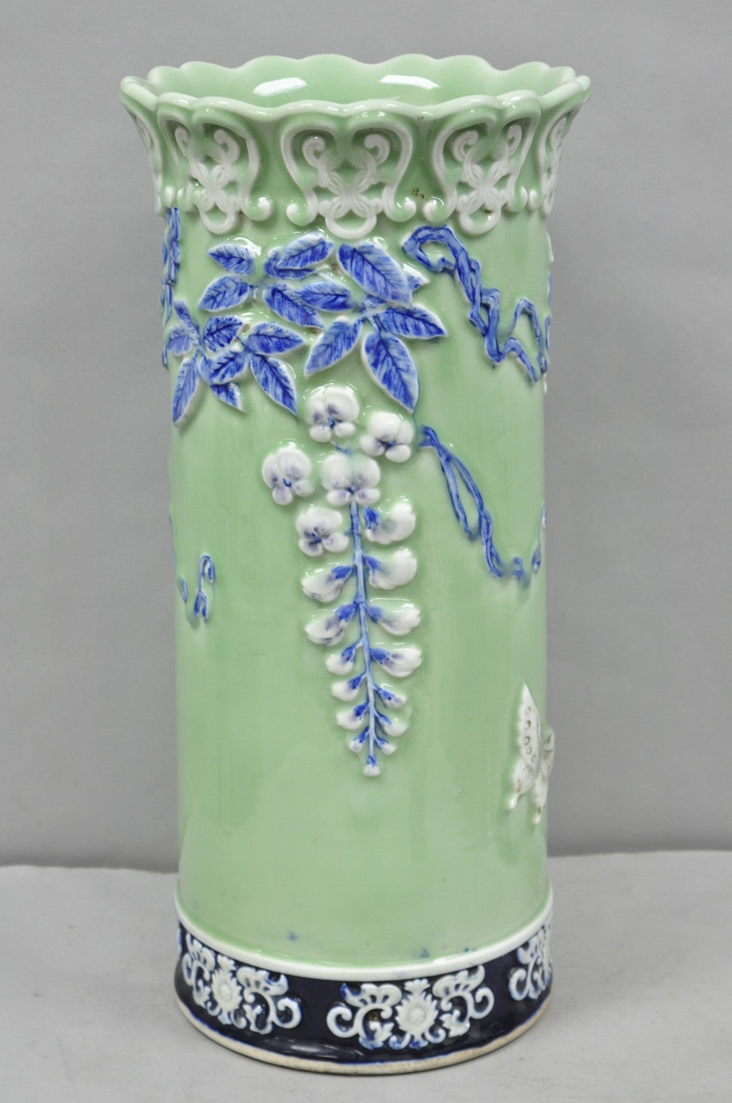 Japanese Porcelain Glazed Celadon Wisteria Flower & Butterfly Umbrella Stand