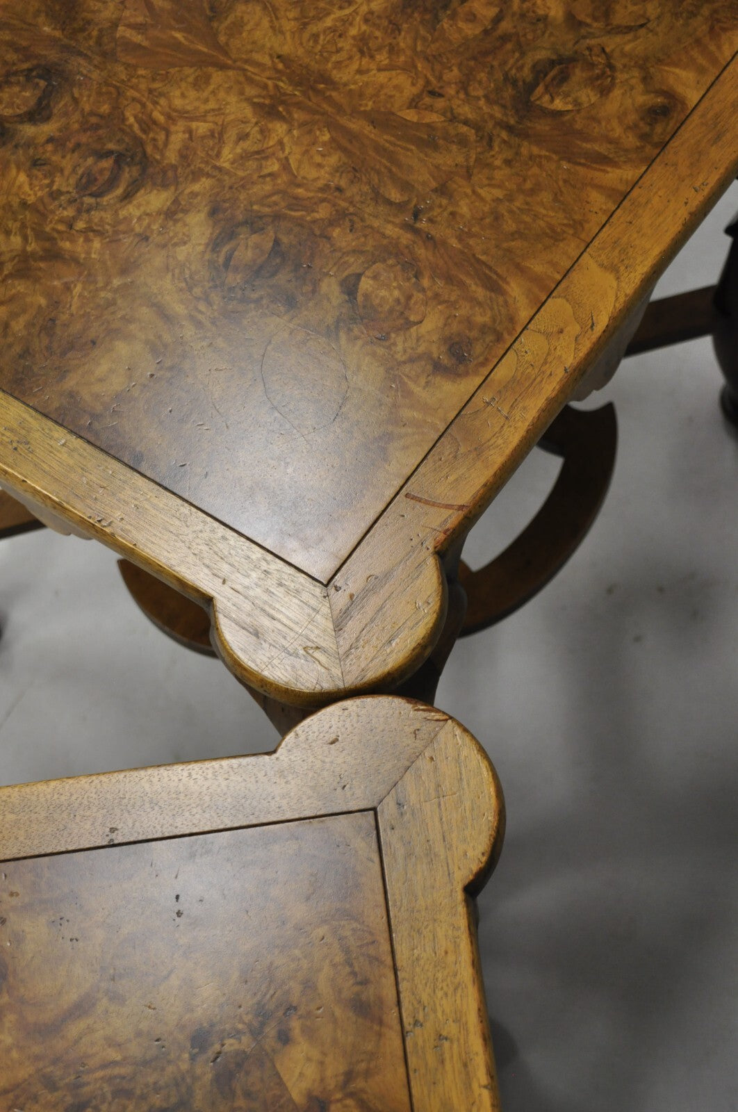 Vintage Baker Regency Style Burlwood Walnut Low Side End Tables - a Pair