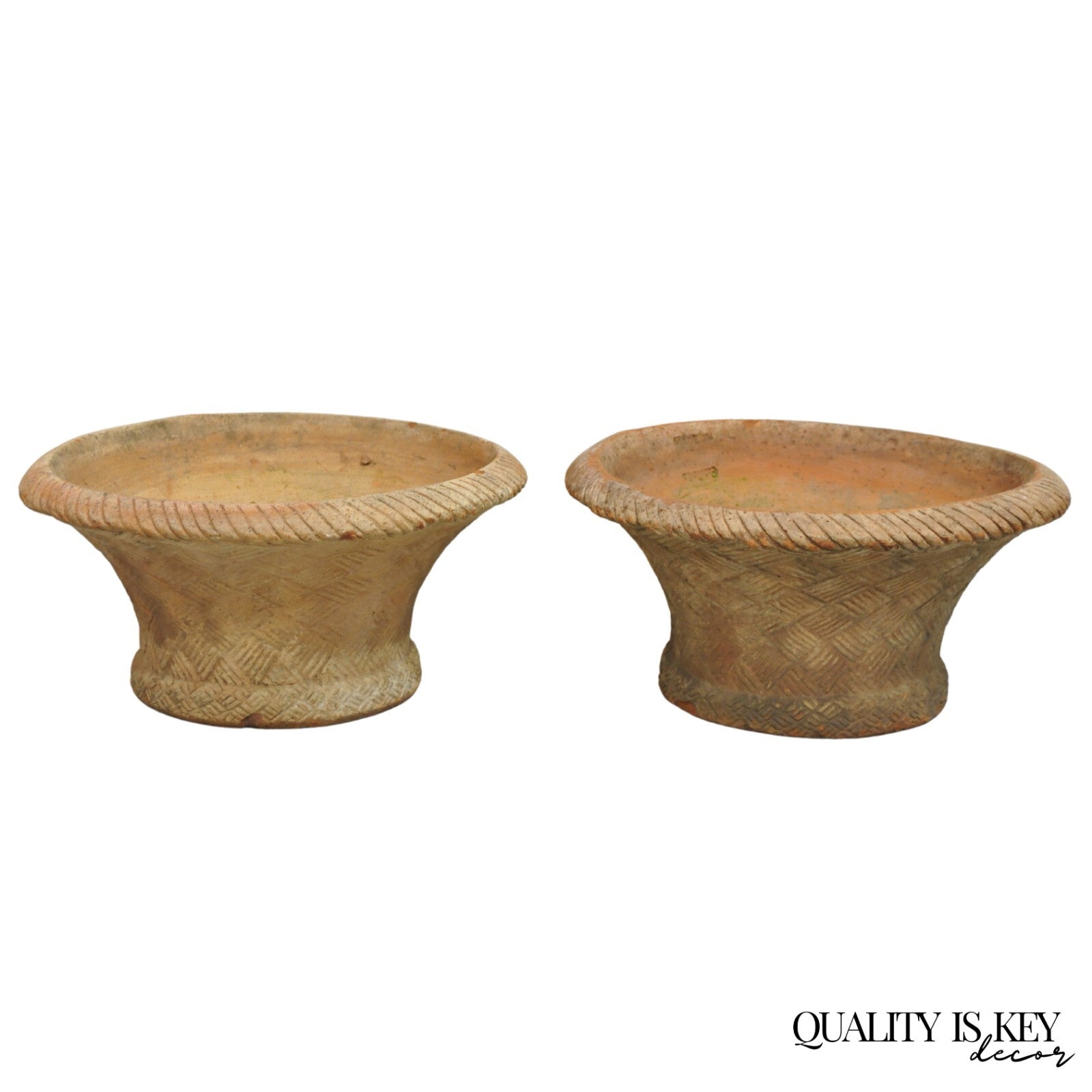 Vintage Carbone Terracotta Pottery Basket Weave 16" Garden Planter Pot - a Pair