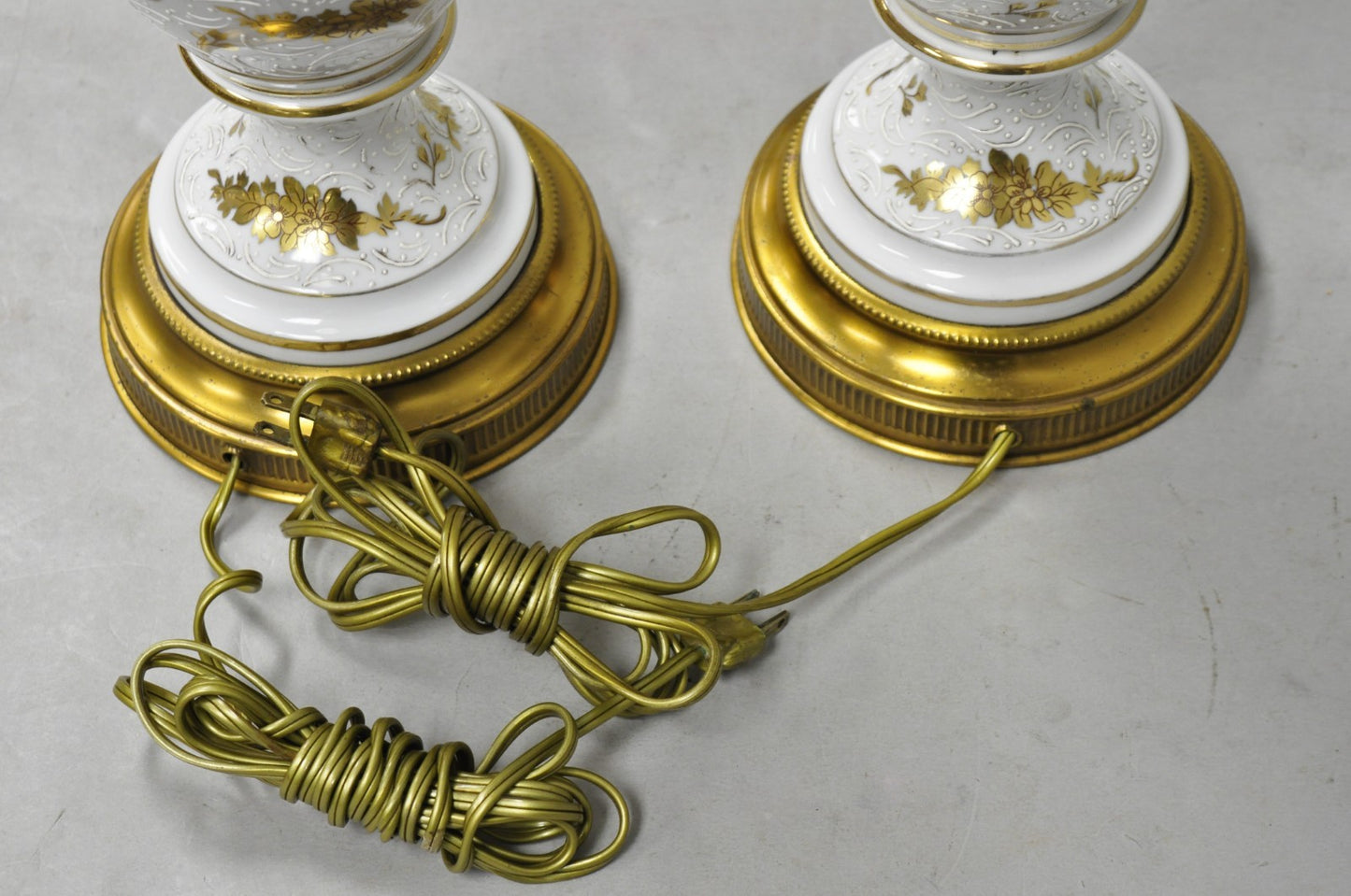 Vintage French Louis XV White Porcelain Ginger Jar Gold Flower Table Lamps Pair