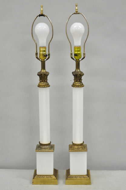 Vintage French Empire Neoclassical White Milk Glass Column Table Lamps - a Pair