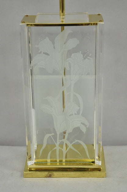 Vintage 1980s Fredrick Ramond Etched Lily Design Lucite Glass & Brass Table Lamp