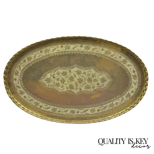 Vintage Moroccan Middle Eastern Solid Brass Large Oval Engraved 45" Tray Top