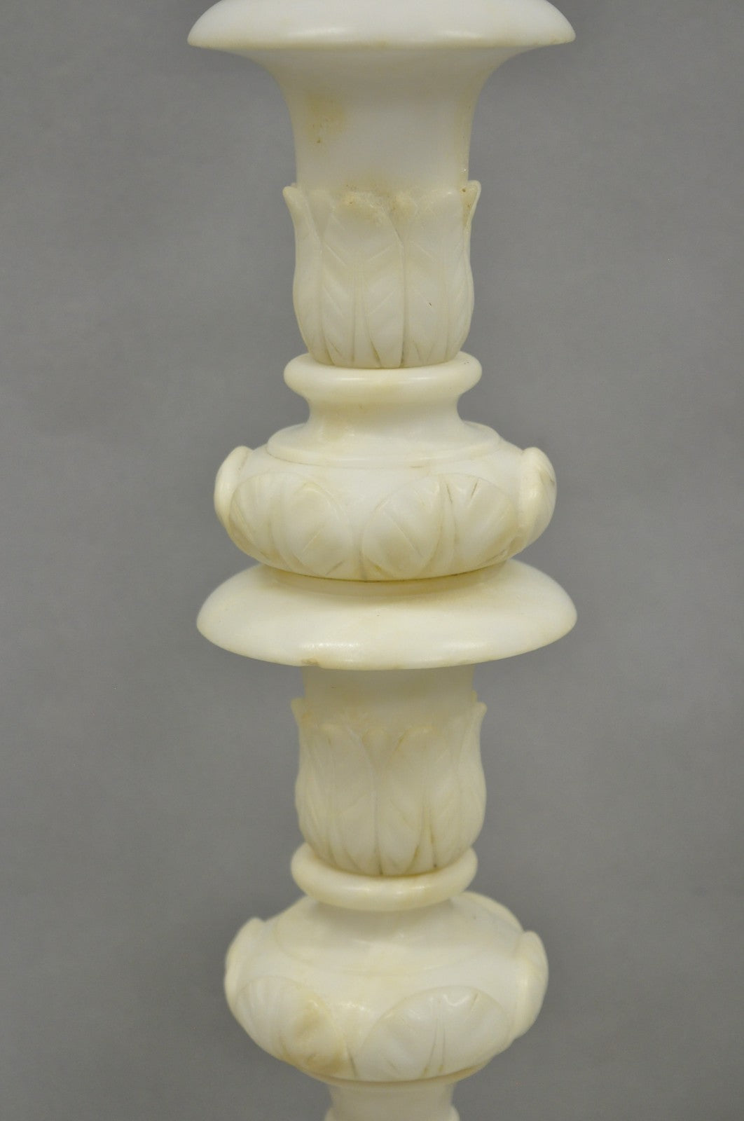 Antique Italian Neoclassical Carved Alabaster Marble Column Table Lamps - a Pair